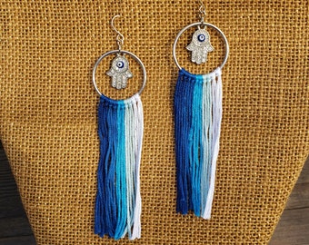 Evil Eye Chandelier Dangle Earrings: Silver Plated Rhinestone Evil Eye Charms in Hoop withThreaded Dangle in Blue and White Long Earrings