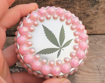 Silver & Pink Weed Stash Box: Real Cannabis Leaf Aluminum Metal Pearl Rhinestone Bling Weed Tins in Pink, Black, Silver, or Teal Blue