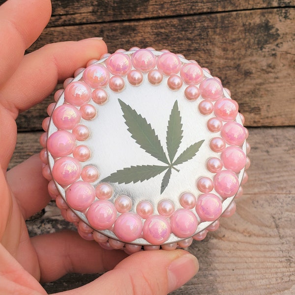 Silver & Pink Weed Stash Box: Real Cannabis Leaf Aluminum Metal Pearl Rhinestone Bling Weed Tins in Pink, Black, Silver, or Teal Blue