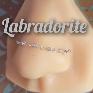 Nose Piercing Chain: Labradorite Grey Rainbow Flash Gemstone Beads Over the Nose Bridge Pierced Hand-Built Sterling Silver Rose 14k Gold