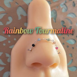 Nose Piercing Chain: Rainbow of Tourmaline Gemstones Black Blue Green Yellow Pink Over the Nose Bridge Pierced Hand-Built Silver 14k Gold