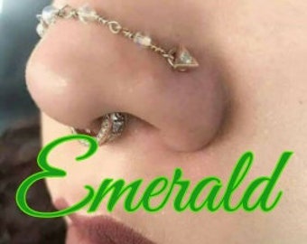 Nose Piercing Chain: Colombian Emeralds Green Translucent Gemstones Over the Nose Bridge Piercing Hand-Built Wire Gemstone Silver 14k Gold