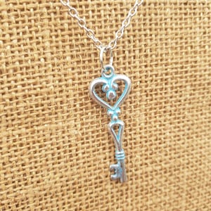 Key Necklace: Antiqued Teal Blue Skeleton Key to My Heart Pendant Silver Plated Heart Shape Design Large Old Fashioned Keys Valentine Gift 8