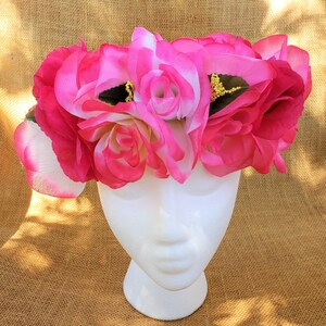 Flower Crown: Mixed Color Pink Roses Headband Yellow Green Leaves Maternity Photo Shoot Flower Girl Wedding Crown Beltane Pagan Solstice