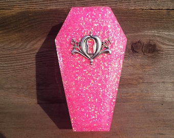 Coffin Box: Neon Pink Rainbow Holographic Glitter in Resin Silver Carriage Heart Key Hole Stash Cute Goth Kawaii Jewelry Box Gothic Lolita