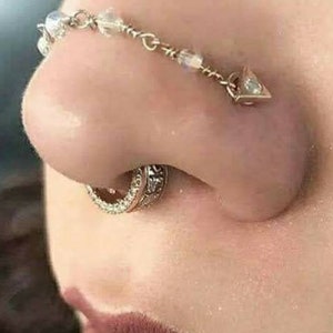 Nose Piercing Chain: Peach Quartz Bright Peach Pink Quartz Over the Nose Bridge Piercing Hand-Built Wire Faceted Gemstone Silver 14k Gold image 3