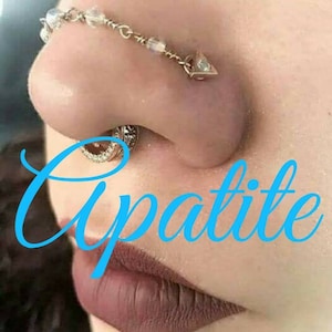 Nose Piercing Chain: Neon Blue Apatite Gemstone Beads Over Nose Bridge Double Pierced Custom Hand-Built Wire Silver 14k Rose Gold