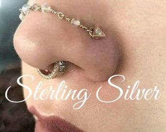 Sterling Silver 925 Beaded Nose Piercing Chain: CUSTOM Over the Nose Bridge Piercing Chain Hand-Built Beaded Opal Any Size Made to Order