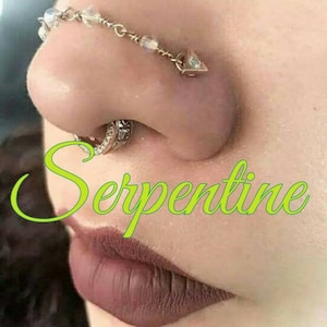 Nose Piercing Chain: Serpentine Yellow Green Stone Over the Nose Bridge Double Piercing Custom Hand-Built Wire Gemstone Silver Rose 14k Gold