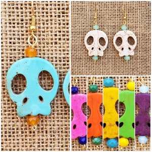 Abstract Skull Earrings: Halloween Dia De Los Muertos Dyed Howlite Stone White Yellow Turquoise Green Orange Pink or Purple Spooky Cute