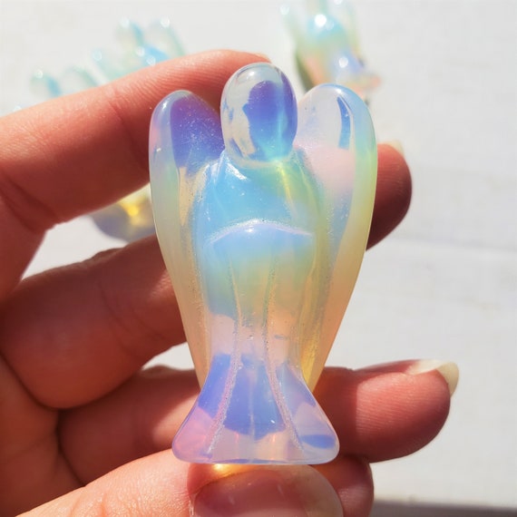Opalite Angel: Carved Stone Angel Opal Clear White Rainbow Standing Angel Statue Sculpture with Wings Mineral Crystal Angel Figure Figurine