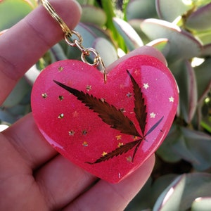 Neon Pink Weed Leaf Keychain: Neon Hot Pink Flat Heart Glitter & Gold Holographic Rainbow Stars Real Pot Cannabis Marijuana Resin Key Chain