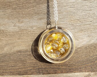 Diamond Dab Necklace & Chain: Golden Yellow Jar of Faux Caviar Wax Diamonds  Sauce Concentrates Real Gemstone Pendant Resin Gold Silver 