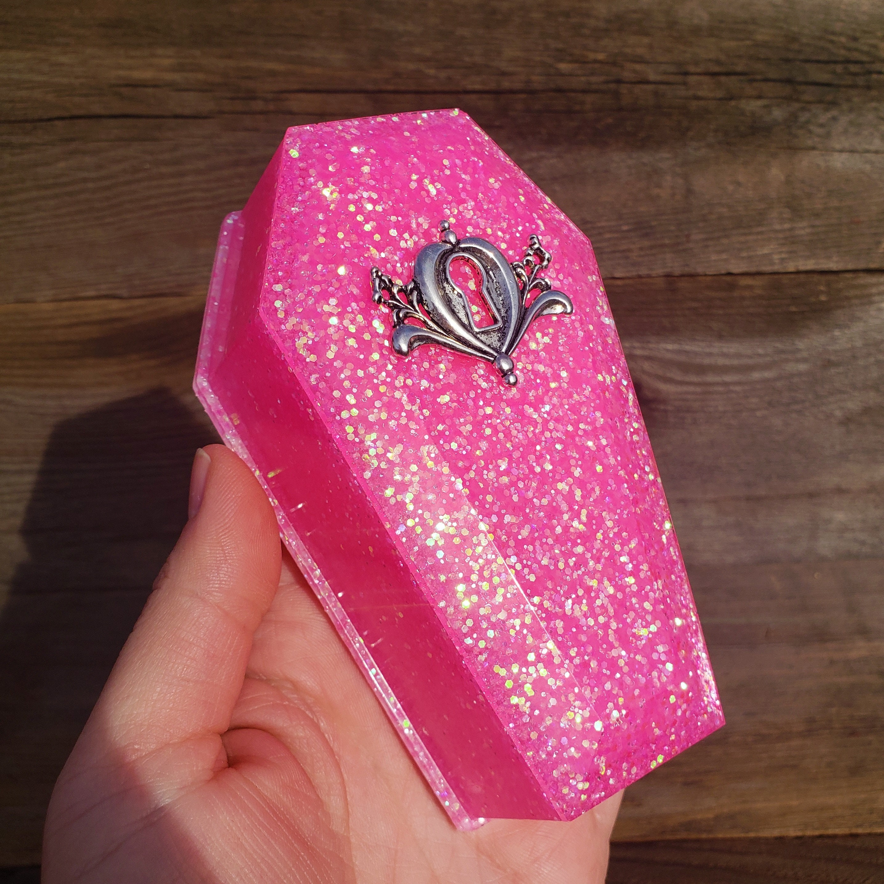Coffin Box: Neon Pink Rainbow Holographic Glitter in Resin Silver