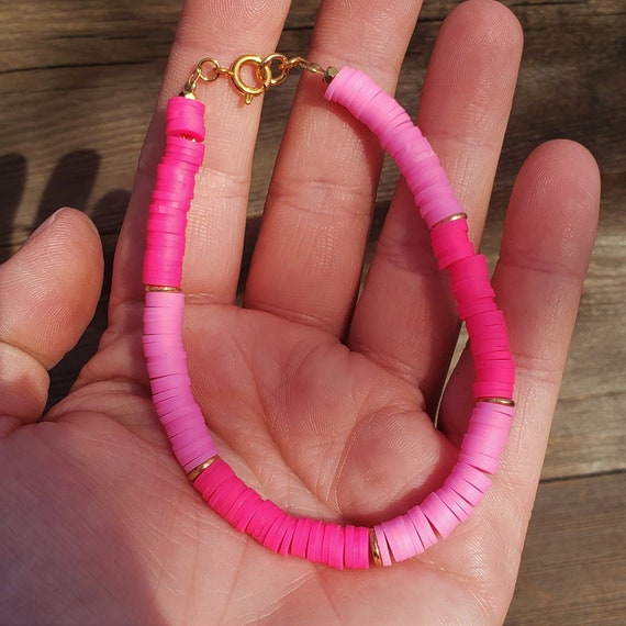 Purple Orange Hot Pink Acrylic and Clay Bead Bracelet -   Pink beaded  bracelets, Clay bead necklace, Bracelets handmade beaded
