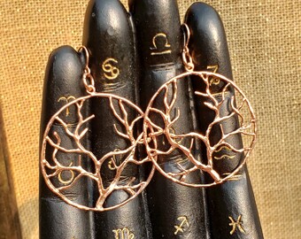 Tree Earrings: Leafless Branches Silhouette in Circle Bright Orange Copper Hoop Winter Autumn Fall Fashion Halloween Hedge Witch Woman