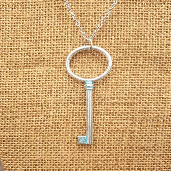 Key Necklace: Antiqued Teal Blue Skeleton Key to My Heart Pendant Silver Plated Large Oval Design Large Old Fashioned Keys Valentine Gift 3