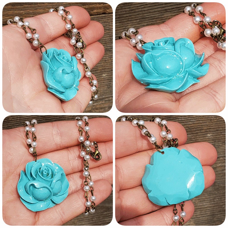 Rose Pearl Necklace: Handmade Resin Rose Pendant in Choice of