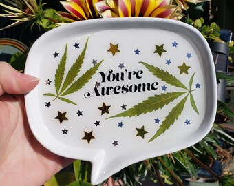 Weed Leaf Mini Rolling Tray: White Ceramic Speech Bubble Shaped Small Tray Soap Dish Real Cannabis Pot Leaf Gold & Silver Foil Stars