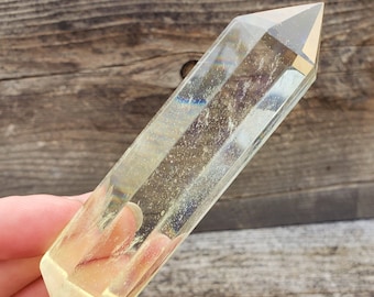 Pontas da Torre de Limão: 75 gramas, vidro dourado transparente grande, imitação de quartzo limão, citrino, cópia polida, amarelo claro, inclusões de arco-íris #O