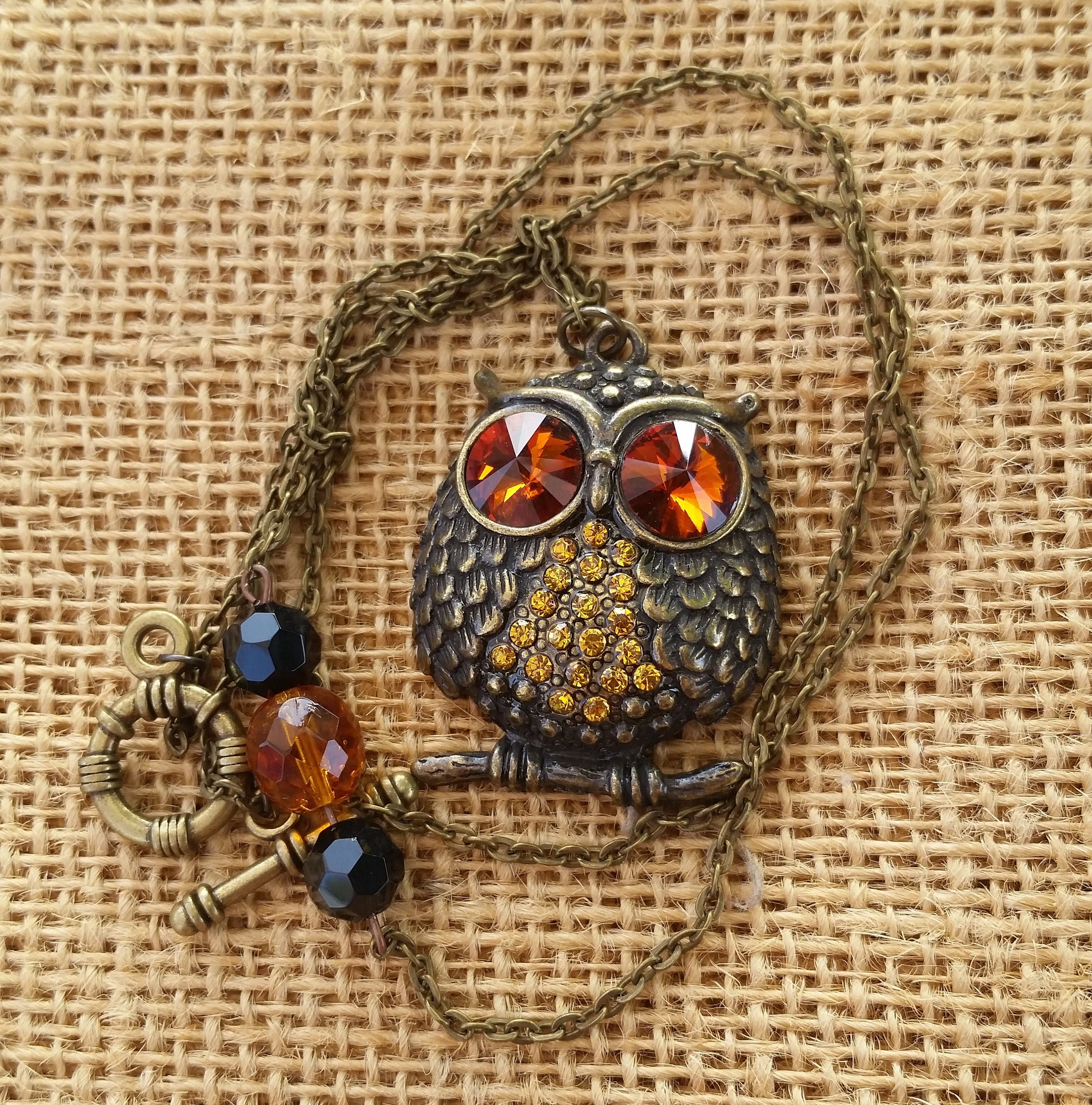 Owl Necklace: Vintage Upcycle Orange Jewel Eyed Crystal Owl Pendant Antiqued Gold Bronze Bird Black 