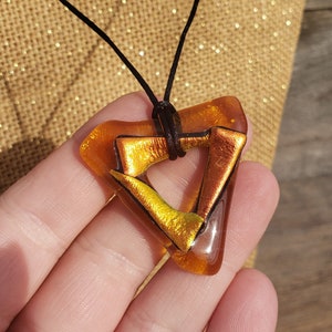 Fused Glass Triangle Necklace: Large Gold Orange Red Color Changing Dichroic Glass Textured 3D Pendant Black Satin Cord Mens Water Sign