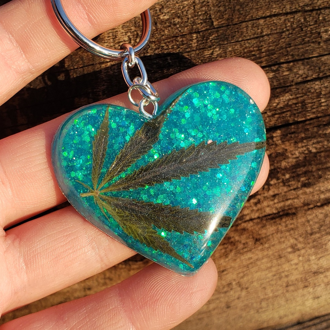 Weed Leaf Keychains Neon Electric Blue Bright Color Real Pot Cannabis