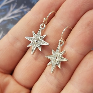 Vintage 1920s Remake North Star Earrings: Gold or Silver Plated Rhinestone White Clear Sparkling 8 Sided Star Small Lode Star Guiding Star