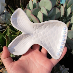 Mermaid Tail Ceramic Tray Ring Dish: Mermaid Life Jewelry Display Soap Dish Teal Blue White Silver Grey Light Pink Faux Pearl Accents