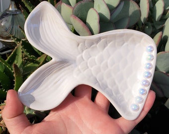 Mermaid Tail Ceramic Tray Ring Dish: Mermaid Life Jewelry Display Soap Dish Teal Blue White Silver Grey Light Pink Faux Pearl Accents