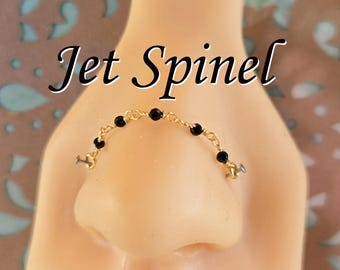 Spinel Nose Chain: Jet Black Gemstone Beaded Double Pierced Nostril Bridge Piercing Custom Hand-Built Sterling Silver 14k Gold White Rose