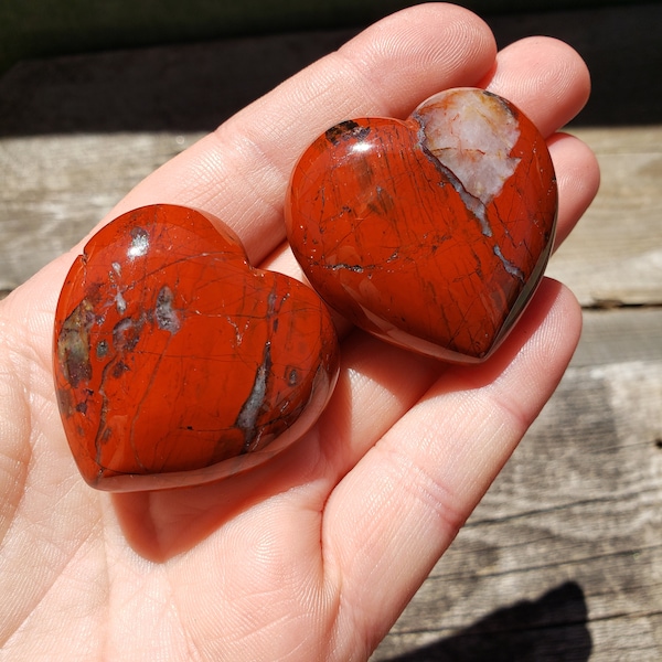 Red Jasper Hearts: 40 mm Palm Stone Medium Rich Blood Red Marbled Opaque Carved Polished Stone Heart Shaped Rock