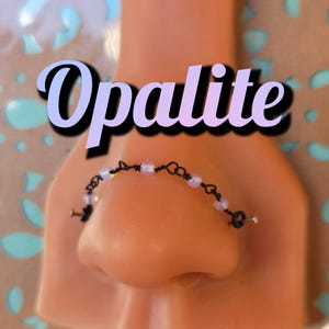 Nose Piercing Chain: Opalite Rainbow Flash Stone Beaded Over the Nose Bridge Double Pierced Custom Hand-Built Black Silver 14k Rose Gold