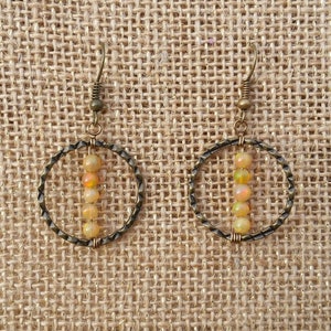 Opal Earrings: Honey Fire Opal Beaded Hoop Earrings on Antiqued Bronze Rings Beads from Fair Trade Sourced East India