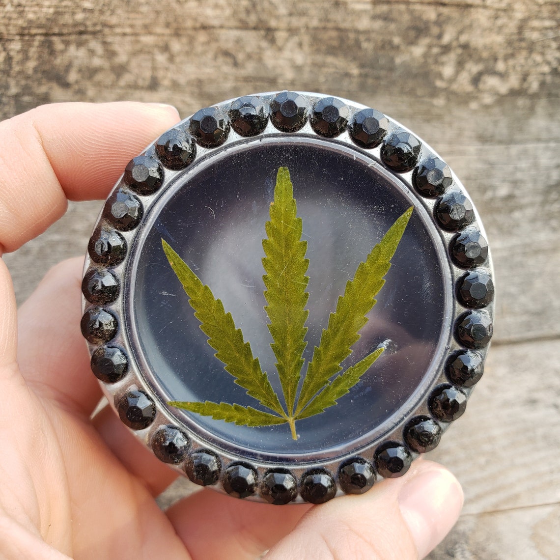 Weed Stash Tiny Tin Black Gems & Real Cannabis Leaf Small Etsy