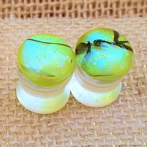 12 mm Glass Handmade Gauges Ear Plugs: Abstract Yellow Rainbow in Dichroic Glass Clear Resin Double Flared Plugs Size 12mm or 1/2 Inch