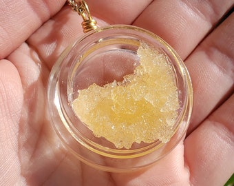 Dab Sugar Necklace Light Yellow Color: Jar of Faux 3D Caviar Wax Concentrates Sauce Pendant w/ Chain Resin 14k Karat Gold Sterling Silver