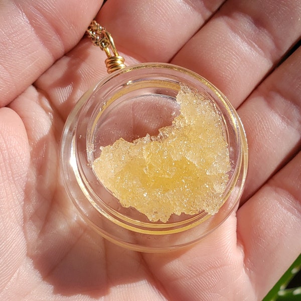 Dab Sugar Necklace Light Yellow Color: Jar of Faux 3D Caviar Wax Concentrates Sauce Pendant w/ Chain Resin 14k Karat Gold Sterling Silver