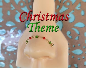 Christmas Nose Chain: Red & Green Xmas Semi-Precious Gemstone Double Nose Bridge Piercing Hand-Built Wire Black Silver 14k Rose Gold