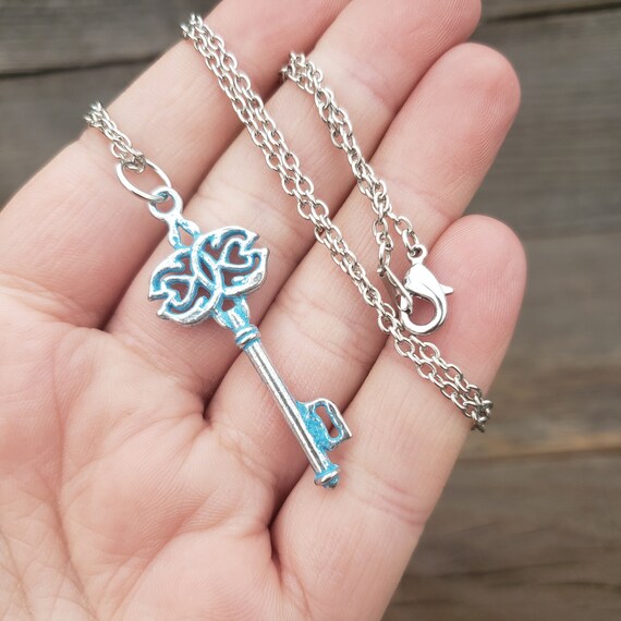 Key Necklace Antiqued Teal Blue Skeleton Key to My Heart Pendant