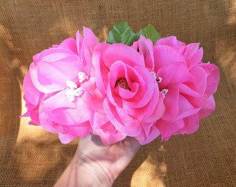 Flower Crown: Bright Pink Roses Tiara Headband Babys Breath Maternity Girl Wedding Spring Goddess Easter Beltane Solstice Hedge Witch Ritual