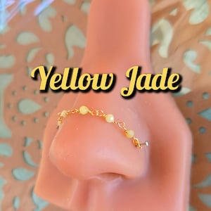 Nose Piercing Chain: Yellow Jade Opaque Gemstone Beaded Over the Nose Bridge Double Pierced Custom Hand-Built Wire Silver 14k Rose Gold
