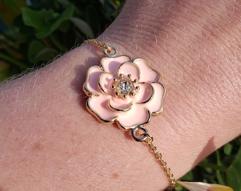 Pink Flower Bracelet: Baby Light Pink Enamel Flower Shaped Gold Plated Bracelet with Clear Sparkling Rhinestones Size Small Chain 18.5 cm