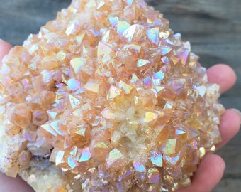 Sunburst Aura Quartz: Extra Large Peach Orange Rainbow Crystal 965 Gram Tangerine Titanium Coated Quartz Sparkling Druzy Healing Crystal 6