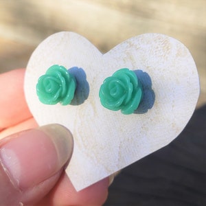 Teal Rose Stud Earrings: Opaque Light Seafoam Blue Green Colored Resin Roses Flowers on Silver Plated Lightweight Handmade Earrings