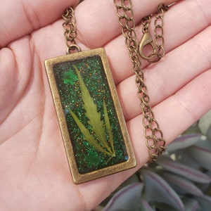 Weed Leaf Necklace: Rectangle & Shamrock Clover w/ Green Glitter Real Cannabis Leaf Green Foil Shamrocks Bronze Bezel St Patricks Day Lucky