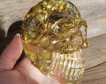 Cannabis Skull: Large Resin Cast Clear Skull Filled with Real Green Trimmed Weed Flowers Hand Made Paperweight Alter Marijuana Stoner Gifts