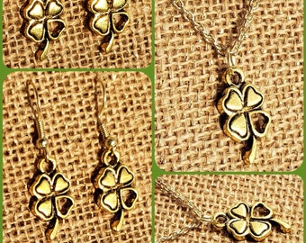 Lucky Clover Necklace: Golden Shamrock Pendant with Heart Cut Out & Matching Earrings Saint Patrick's Day Jewelry St Patty's Decorations