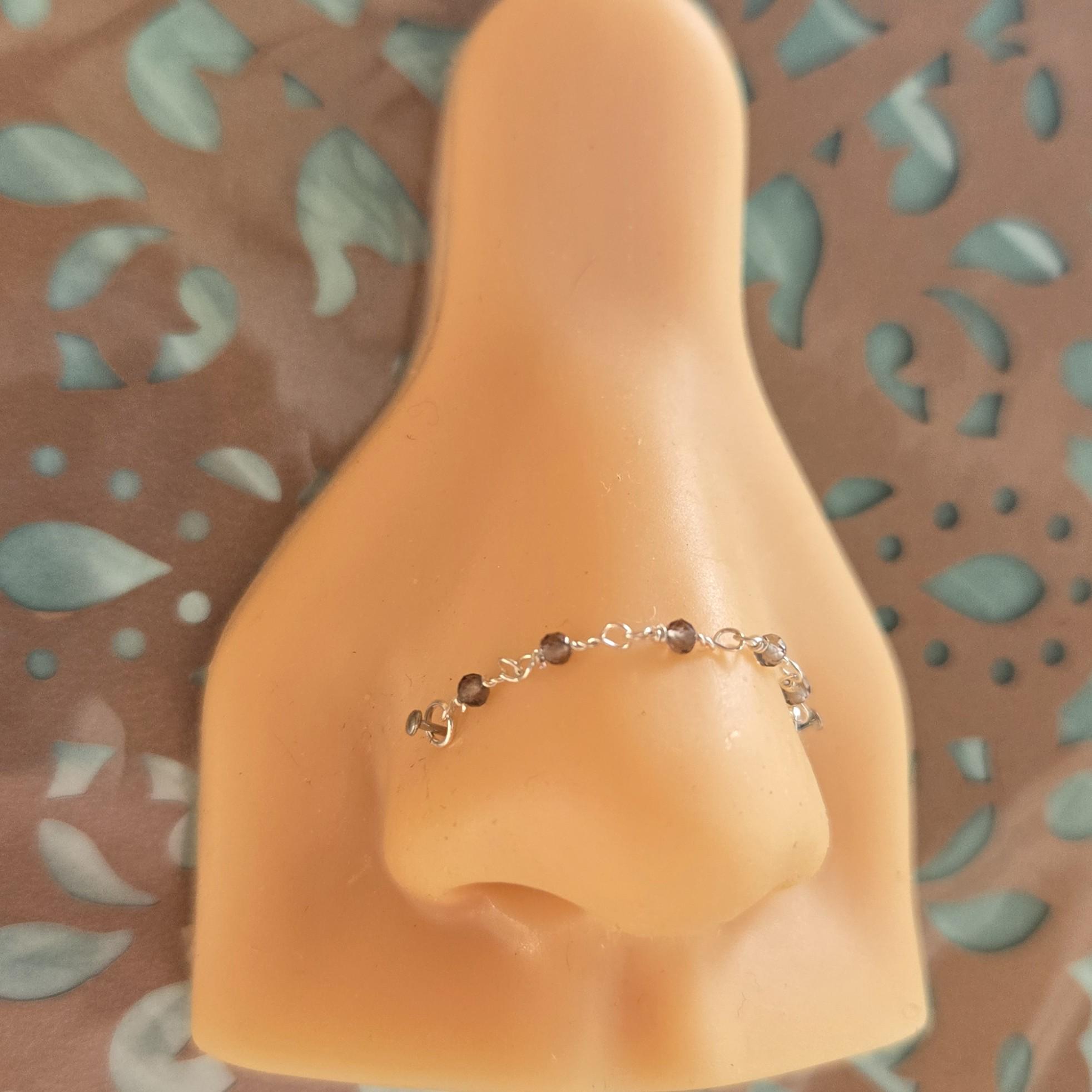 Smoky Quartz Nose Chain: Dark Grey Clear Gemstone Beaded Double