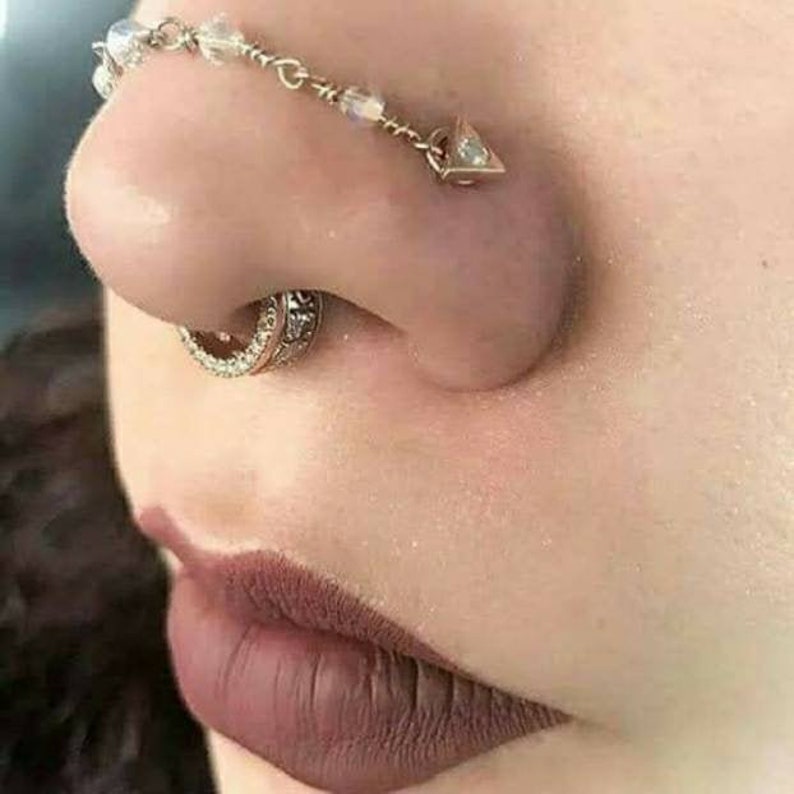 Nose Piercing Chain: Peach Quartz Bright Peach Pink Quartz Over the Nose Bridge Piercing Hand-Built Wire Faceted Gemstone Silver 14k Gold image 3